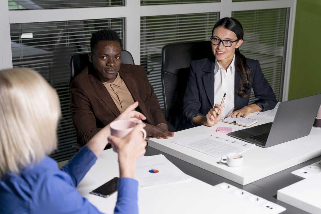 business teammates working late